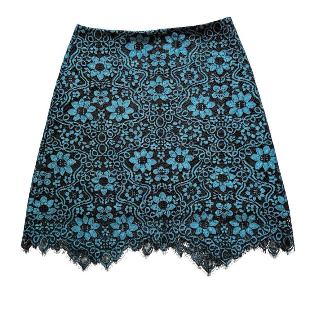For Love & Lemons Skirt Size Small Mini Floral Lace Scalloped Fringe Black Blue